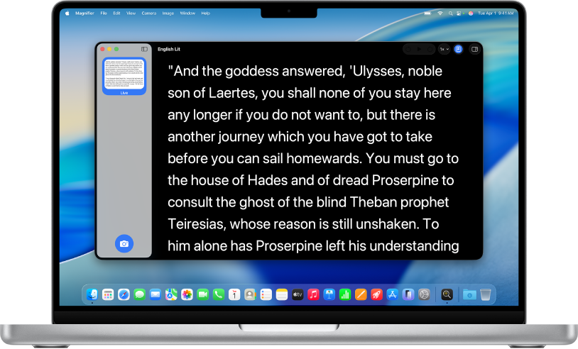 Una Mac con la ventana de Lupa abierta en el escritorio. El texto de una pantalla se muestra en un tipo de letra grande sobre un fondo negro.