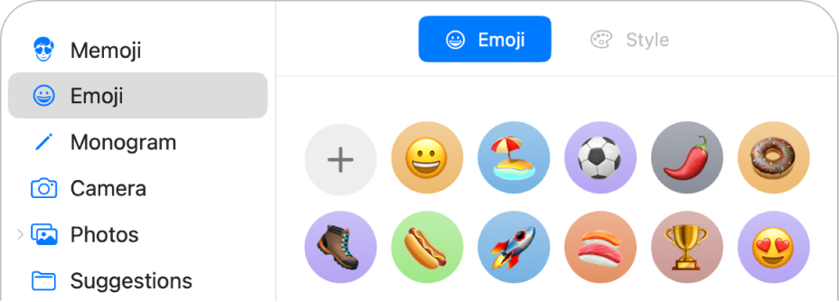 Apple-tilin kuvavaihtoehdot, joissa sivupalkissa on valittuna emoji ja käyttäjälle näytetään erilaisia emojeja.