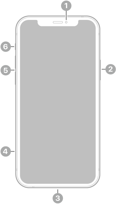عرض للجزء الأمامي من الـ iPhone 12. توجد الكاميرا الأمامية في أعلى المنتصف. ويوجد الزر الجانبي على الجانب الأيمن. يوجد موصل لايتننغ في الأسفل. على الجانب الأيمن، من الأسفل إلى الأعلى، يظهر درج الشريحة وزرا مستوى الصوت ومفتاح رنين/صامت.