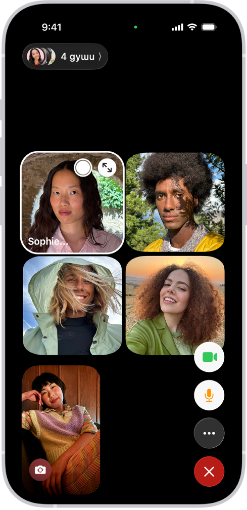 Групов FaceTime разговор с пет участника. Всеки участник се появява в отделна плочка. Бутоните за управление на FaceTime са в долната дясна част на екрана.