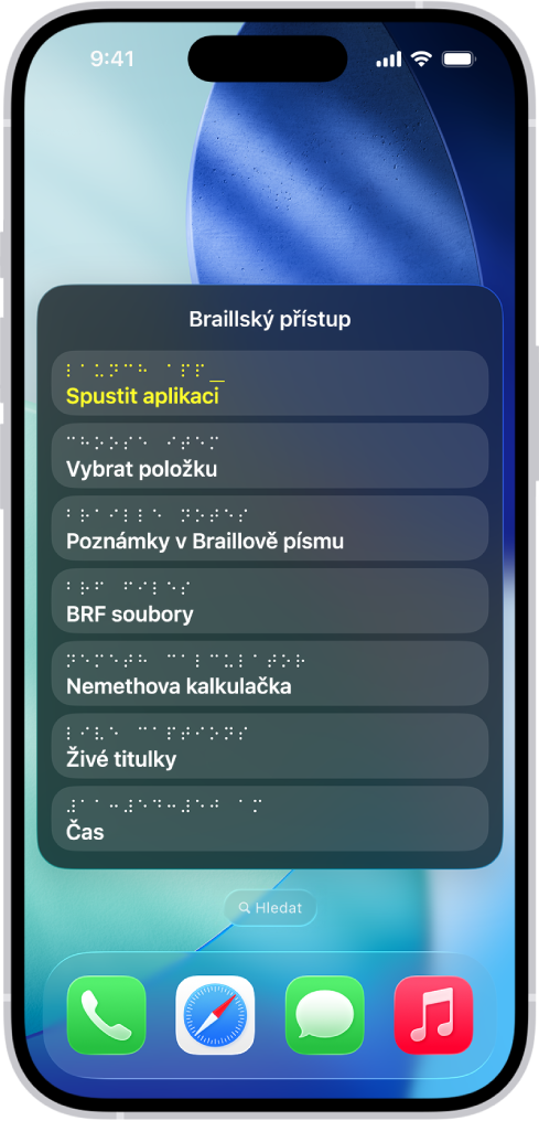 iPhone s otevřenou nabídkou braillského přístupu obsahující tyto volby: Spustit aplikaci, Vybrat položku, Poznámky v Braillově písmu, BRF soubory, Nemethova kalkulačka, Živé titulky a Čas.