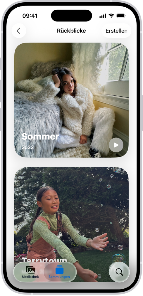 Die App „Fotos“ ist geöffnet und zeigt die Sammlung „Rückblicke“.