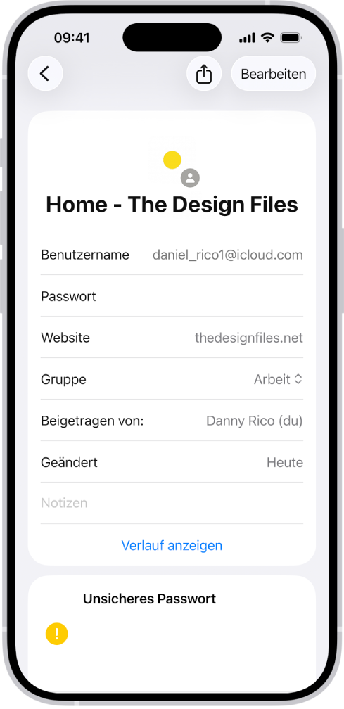 Die App „Passwörter“ zeigt Details für einen Account, einschließlich „Benutzername“, „Passwort“ und „Website“.