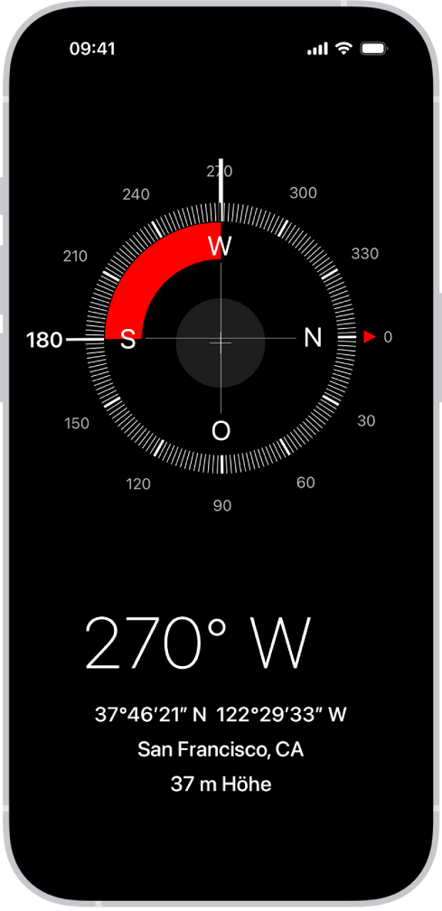 Die App „Kompass“ mit der Richtung, in die das iPhone zeigt, sowie den Koordinaten und der Höhe des aktuellen Standorts.