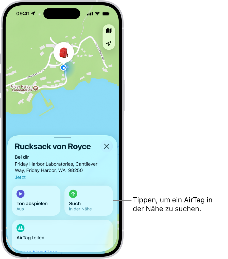 Die geöffnete App „Wo ist?“, die zeigt, dass sich die Schlüssel von Danny im Golden Gate Park befinden. Tippe auf die Taste „Suchen“, um ein AirTag in der Nähe zu finden.