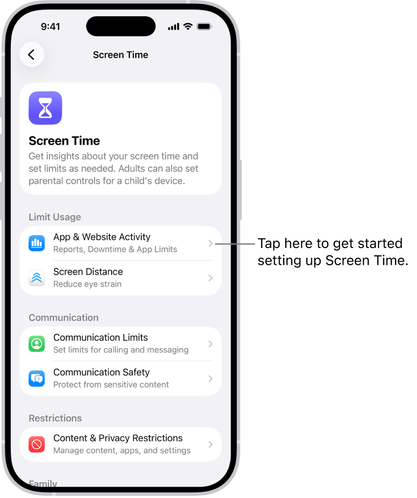 The screen for setting up Screen Time, showing that you tap App & Website Activity to get started.