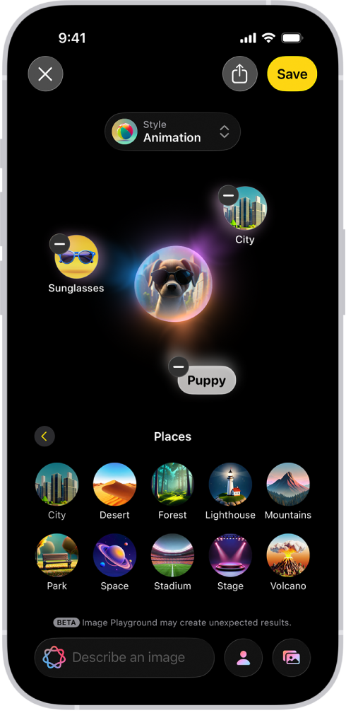 The Image Playground app window showing a created image of a dog wearing sunglasses.