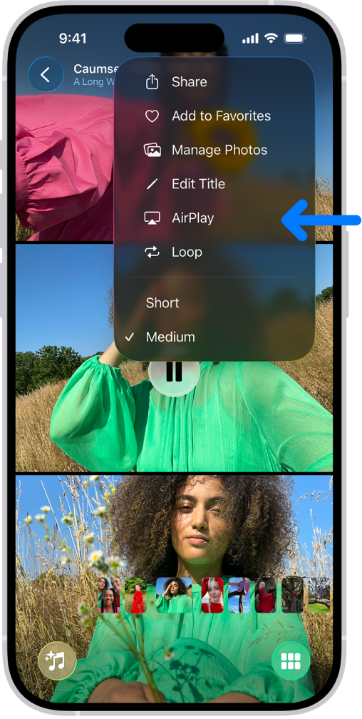 A slideshow in the Photos app plays on the iPhone. At the top right of the screen is a pop-up menu, with an option to choose AirPlay.