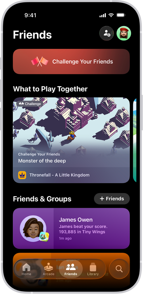The Apple Games app showing the Friends tab with options to challenge friends, suggestions for games to play together, and recent activity from a friend.