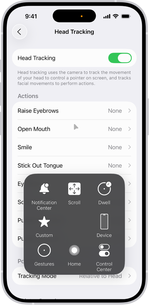 An iPhone with head tracking turned on. The AssistiveTouch menu is visible, showing controls for Notification Center, Scroll, Dwell, Device, Control Center, Home, Gestures, and Custom.