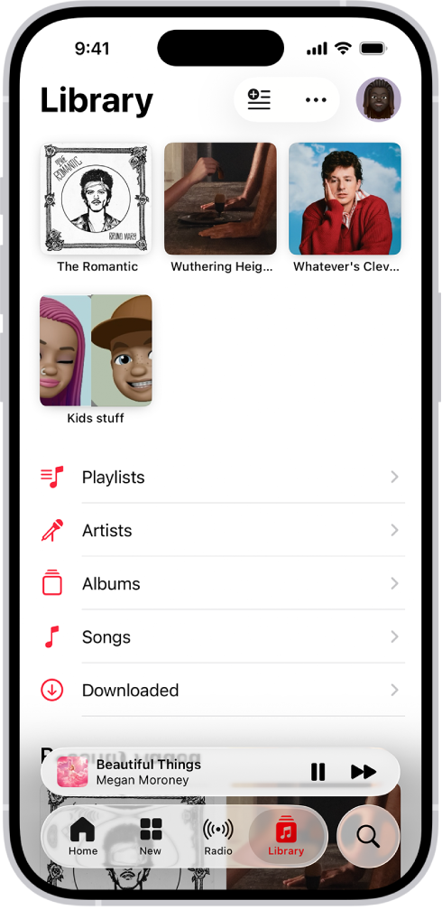 The Library tab showing a list of categories including Playlists, Artists, Albums, Songs, Music Videos, and Downloaded. The Recently Added heading appears below the list. The MiniPlayer showing the title of the current song and the Pause and Next buttons appear near the bottom.