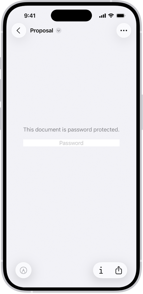 A locked PDF form showing a password field. At the bottom of the screen are the Markup, Info, and Share buttons.