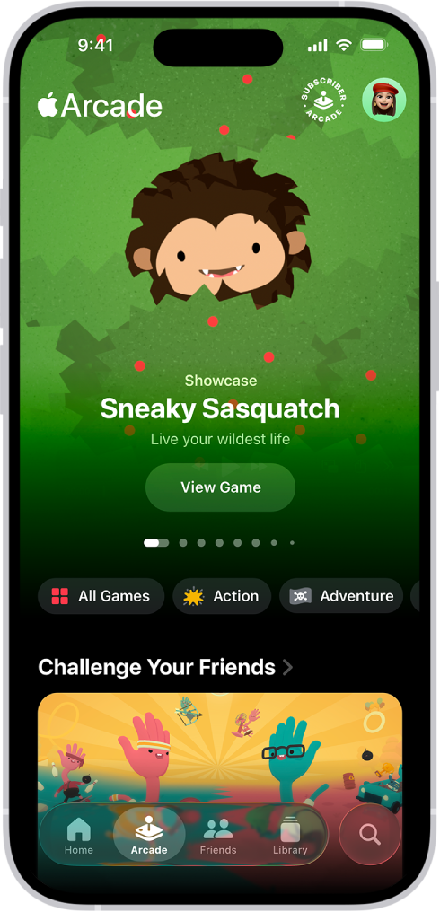 The Apple Games app showing the Arcade tab, which features promotional art for a showcased game. At the bottom of the screen are tabs for Home, Arcade, Friends, Library, and Search. The Arcade tab is selected.