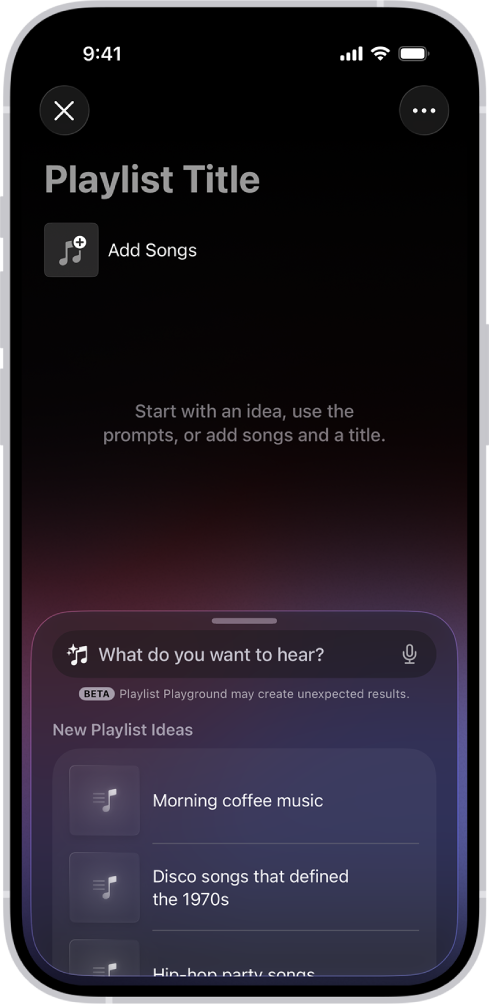 Apple Music app screen showing the Playlist Playground creation page with a title, manual button to add songs, and a search bar with playlist suggestions like "Morning coffee music.”