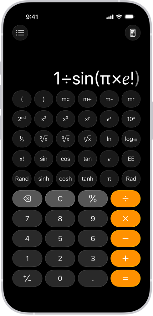 El iPhone mostrando la calculadora científica con funciones exponenciales, logarítmicas, de memoria y trigonométricas.