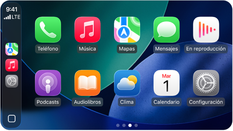 La pantalla de inicio de CarPlay muestra Mapas, Música y Mensajes en la barra lateral. A la derecha están los íconos de las apps Audiolibros, Calendario, Mapas, Mensajes, Música, Ahora suena, Teléfono y Podcasts.