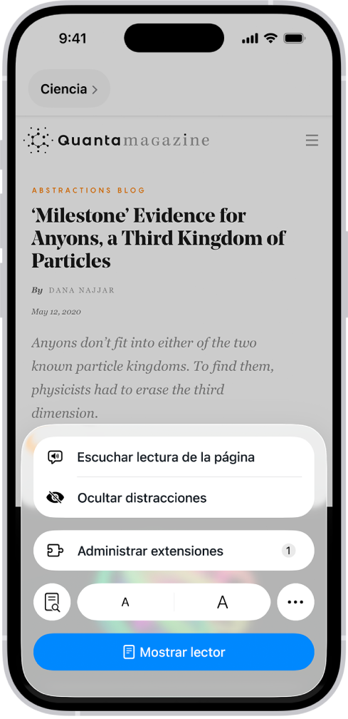En Safari, se tocó el botón Menú Página en un sitio web y se muestran opciones que incluyen Ocultar distracciones.