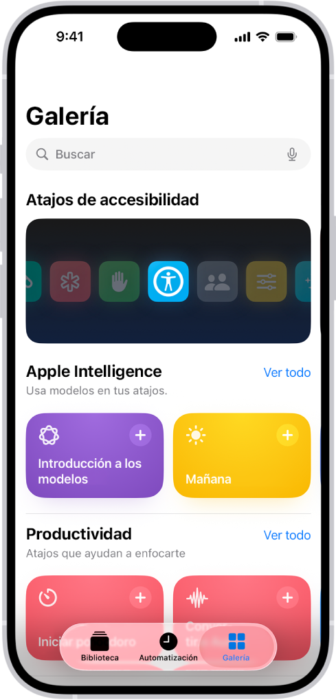 La pantalla Galería en la app Atajos con el campo de búsqueda en la parte superior. Debajo se muestran tres galerías: Atajos de accesibilidad, Productividad y Atajos rápidos. En la parte inferior de la pantalla se encuentran los botones Atajos, Automatización y Galería. Se selecciona el botón Galería.