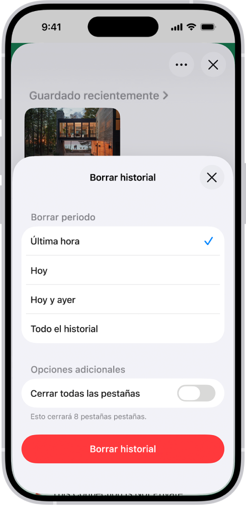 El menú Borrar historial. Debajo de Borrar periodo, se selecciona Última hora. Debajo de Borrar para el perfil, se selecciona Todos los perfiles. En la parte inferior de la pantalla está el botón Borrar historial.