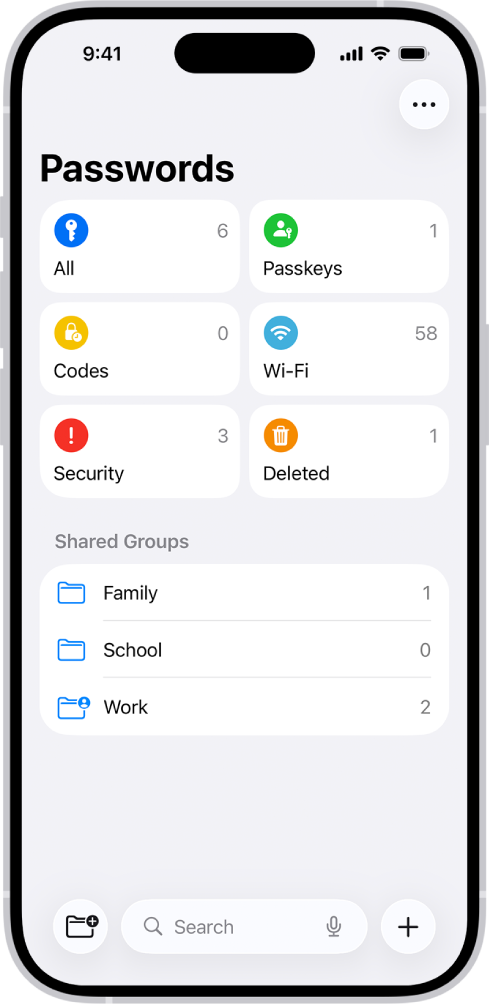 La pantalla de inicio de la app Contraseñas, con botones para Todas, “Llaves de acceso”, “Códigos de verificación”, Wi-Fi, Seguridad y Eliminadas, junto con una lista de grupos compartidos.