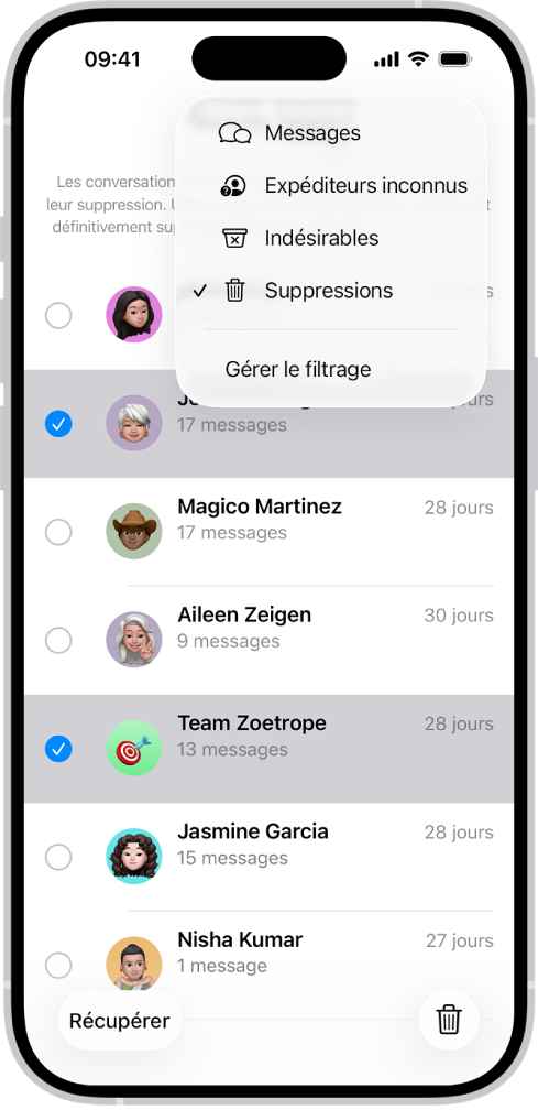 Une liste de messages supprimés récemment avec deux conversations sélectionnées et deux options disponibles en bas de l’écran : Récupérer et « Supprimer définitivement ».