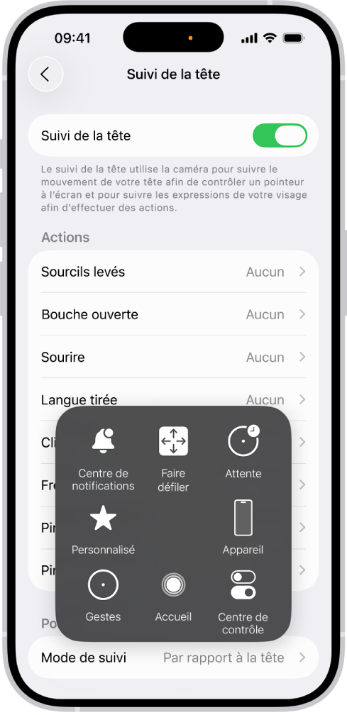 Un iPhone avec le suivi des mouvements de la tête activé. Le menu AssistiveTouch est visible, affichant les commandes Centre de notifications, Faire défiler, Attente, Appareil, Centre de contrôle, Accueil, Gestes et Personnalisé.
