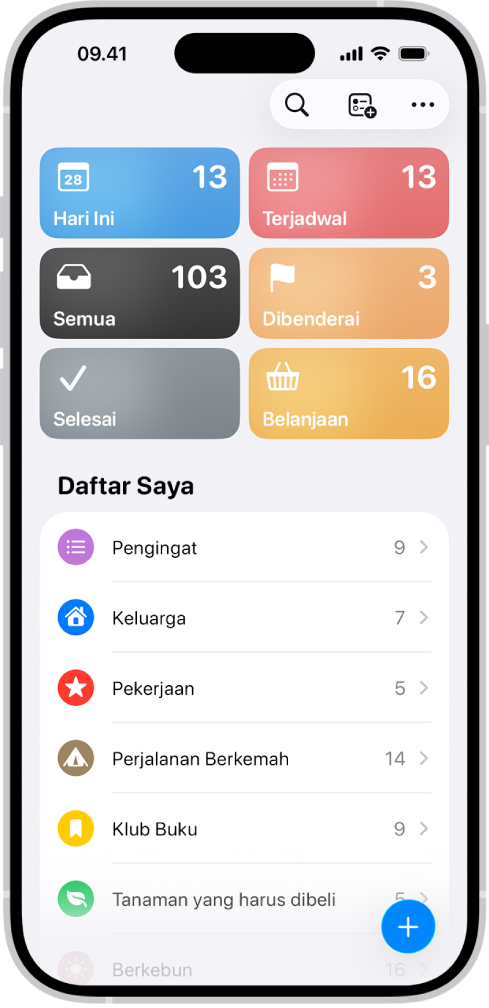 App Pengingat, menampilkan beberapa daftar dan Browser Label di bagian bawah.