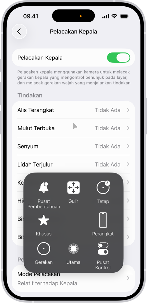 iPhone dengan pelacakan kepala dinyalakan. Menu AssistiveTouch terlihat yang menampilkan kontrol untuk Pusat Pemberitahuan, Gulir, Tetap, Perangkat, Pusat Kontrol, Rumah, Gerakan, dan Khusus.
