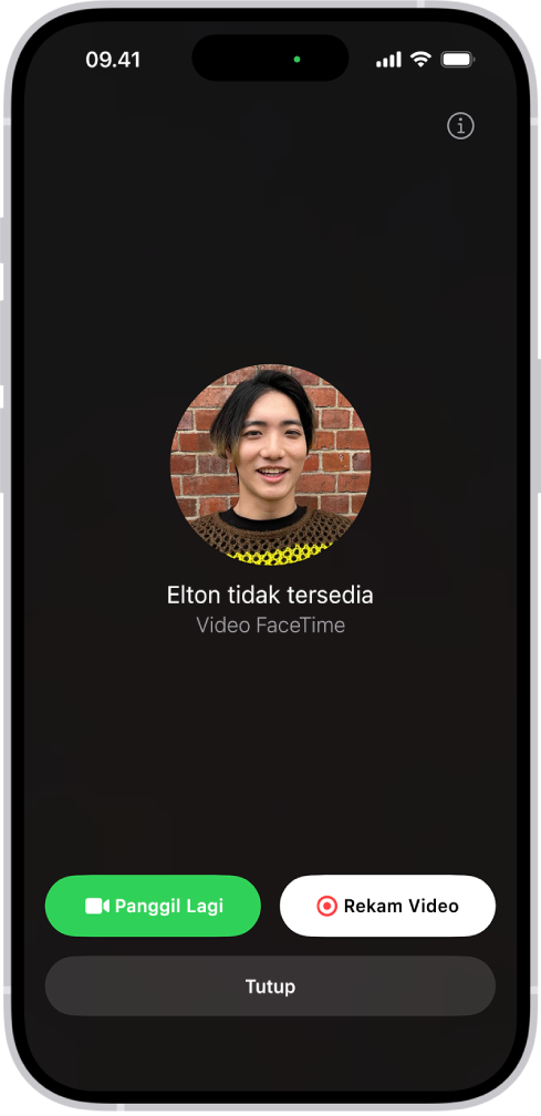 Layar untuk merekam pesan video saat seseorang yang Anda panggil tidak tersedia. Ini meliputi tombol Panggil Lagi dan tombol Rekam Video yang dapat Anda ketuk untuk merekam pesan video.