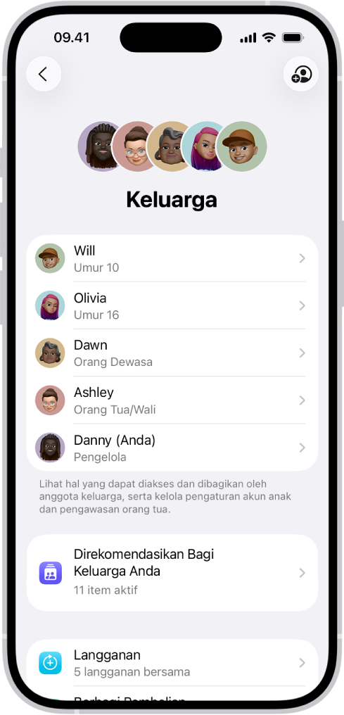 Layar Keluarga di Pengaturan. Lima anggota keluarga tercantum. Di bawah namanya terdapat rekomendasi keluarga, Langganan, dan pilihan Berbagi Pembelian.