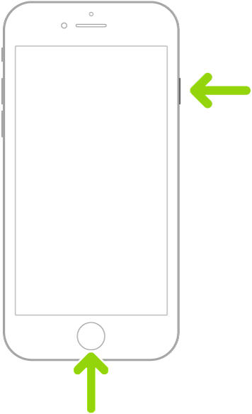 Un iPhone con Touch ID. Una freccia punta verso il tasto laterale e un’altra punta verso il tasto Home per dimostrare come si scatta uno screenshot.