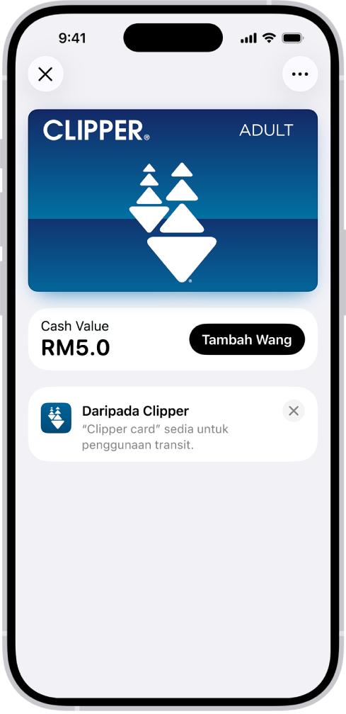 Kad transit dalam app Wallet, yang menunjukkan baki dalam akaun dan butang Tambah Wang.