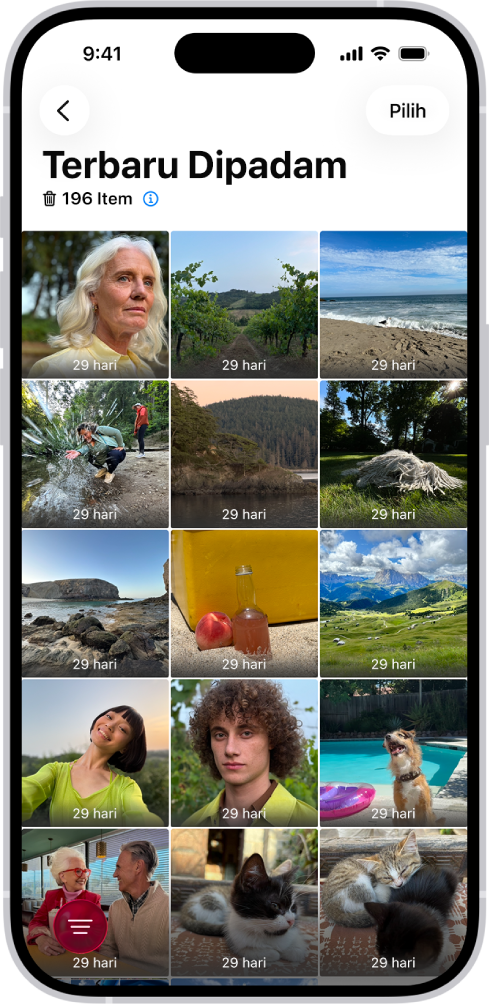 Folder Terbaru Dipadam dalam app Foto. Foto terbaru dipadam kelihatan dalam grid pada skrin.