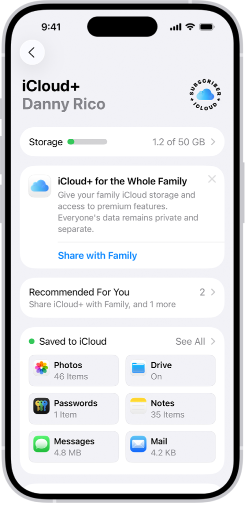iCloud သိမ်းဆည်းမှုမီတာနှင့် iCloud နှင့် အသုံးပြုနိုင်သည့် Photos၊ iCloud Drive နှင့် iCloud Backup အပါအဝင်—အစီအစဉ်များစာရင်းကို ဖော်ပြထားသည့် iCloud ချိန်ညှိမှုများ ဖန်သားပြင်။