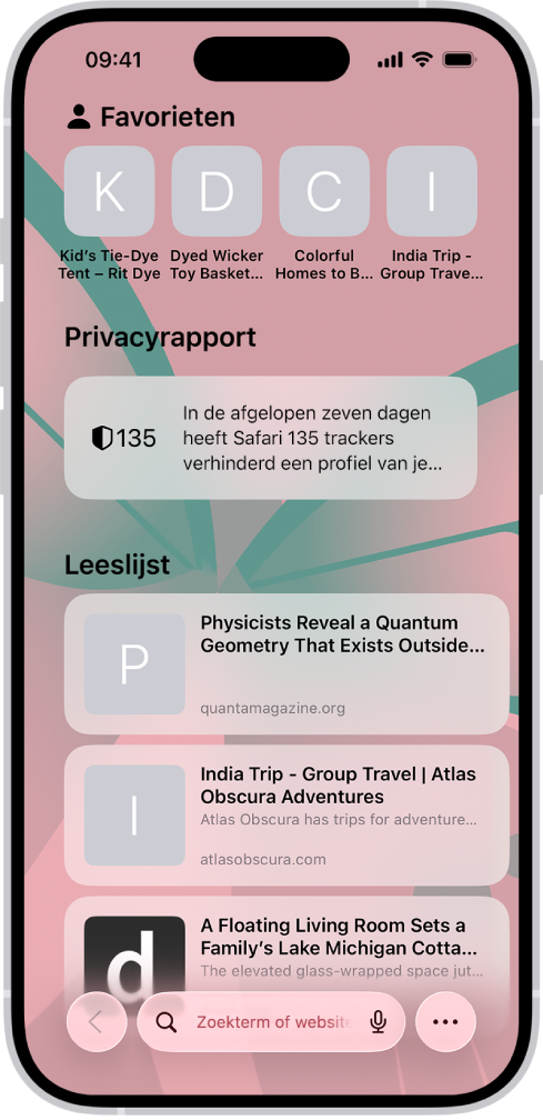 De startpagina in Safari met favoriete websites, het privacyrapport en websites die in de leeslijst zijn bewaard.