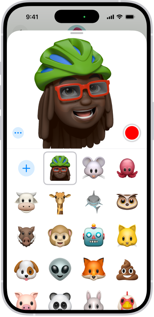ମେସେଜ୍ରେ Memoji ପେନ୍। ଶୀର୍ଷରେ, ଏକ ଆନିମେଟେଡ୍ Memoji ୟୁଜର୍ଙ୍କ ମୁହଁର ଅଭିବ୍ଯକ୍ତିକୁ ପ୍ରତିଫଳିତ କରେ। ଆନିମେଟେଡ୍ Memoji ର ଡାହାଣ ପାର୍ଶ୍ୱରେ ଏକ ରେକର୍ଡ୍ ବଟନ୍ ଦେଖାଯାଏ। ସ୍କ୍ରୀନ୍ର ନିମ୍ନରେ Memoji ପାଇଁ ଅନ୍ୟାନ୍ୟ ବିକଳ୍ପଗୁଡ଼ିକ ଅଛି, ଏଥିସହ ଏକ ନୂଆ Memoji ଯୋଡିବା ପାଇଁ ଏକ ବଟନ୍ ମଧ୍ୟ ଅଛି।