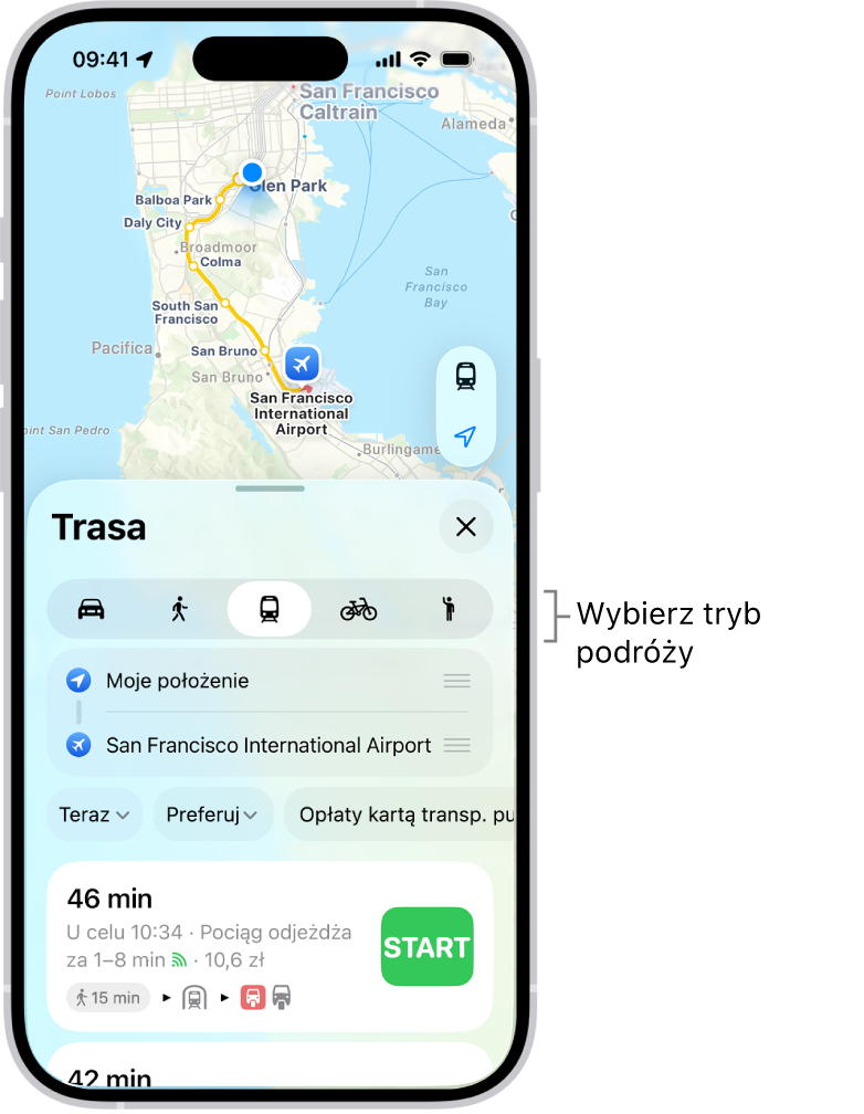 Mapa pokazująca kilka tras między dwoma miejscami. Widoczne są przyciski umożliwiające zmianę trybu podróży, odwrócenie kierunku trasy oraz wyświetlenie listy wskazówek.