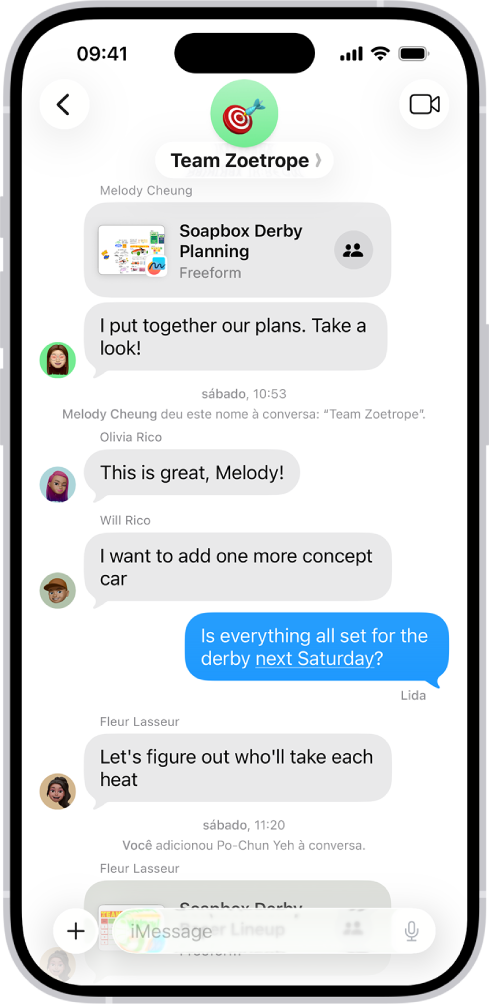 Conversa em grupo que inclui arquivos compartilhados.