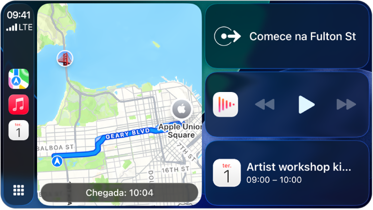 O painel de CarPlay a mostrar Mapas, Música e Mensagens na barra lateral. À direita está um mapa de Apple Park, uma janela de navegação e uma janela “A reproduzir”.