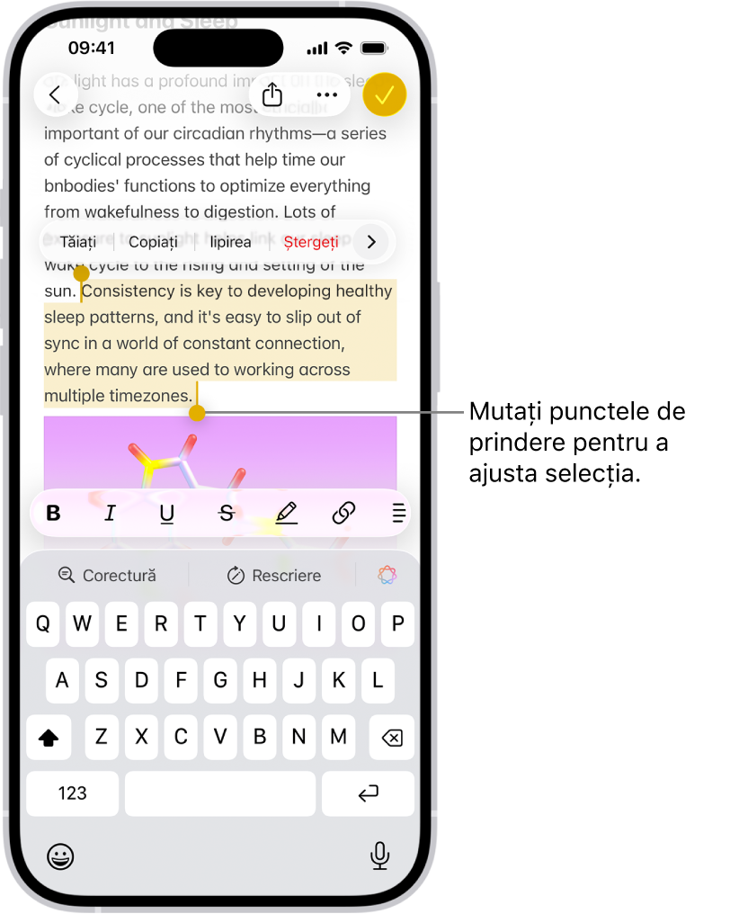Un text este selectat într-o notiță din aplicația Notițe. Deasupra textului selectat se află butoanele pentru tăiere, copiere, lipire și auto-completare. Textul selectat este evidențiat, cu puncte pentru ajustarea selecției la fiecare capăt.