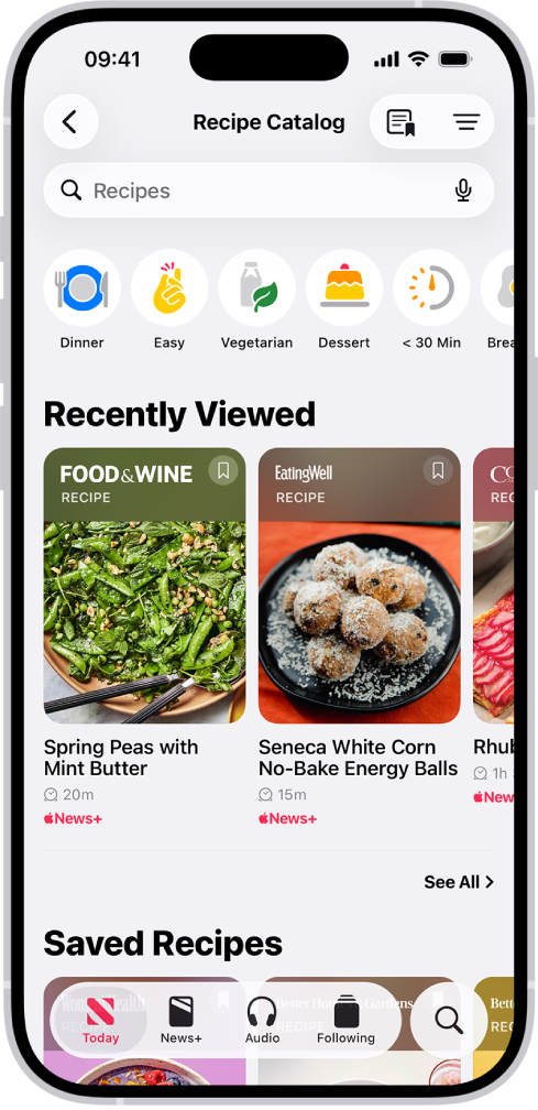 Раздел Recipe Catalog (Каталог рецептов) в Apple News+.
