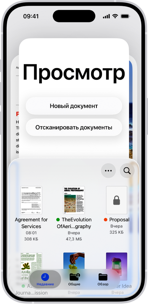 Основной экран в приложении «Просмотр». Посередине экрана отображаются кнопки «Новый документ» и «Отсканировать документы». В нижней части экрана расположены вкладки «Недавние», «Общие» и «Обзор».
