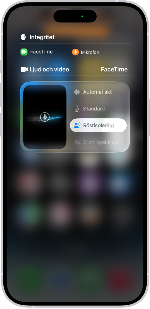 Inställningarna för FaceTime-samtal i Kontrollcenter med ljudinställningarna Automatiskt, Standard, Röstisolering och Brett spektrum.