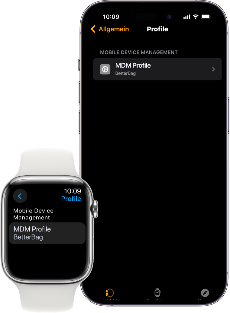 Eine Apple Watch und ein iPhone auf denen angezeigt wird, dass sie von einem Geräteverwaltungsdienst verwaltet werden.