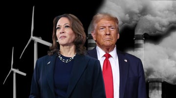 harris and trump are positioned in the foreground, dressed in formal attire, in the background, there are wind turbines on one side and smoke billowing from industrial smokestacks on the other, set against a stark black backdrop