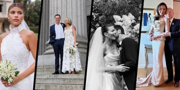 a collage of a man and woman in wedding attire