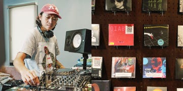 a dj mixing tracks in a studio alongside an album display dj陳俊豪 44bit四四拍唱片行