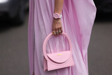 paris, france july 04 palina kozyrava seen wearing natkina jewelry, silver diamond earrings, rings, leonard paris pink chiffon long maxi dress with long cape, jacquemus le sac pink round bag, maurice lacroix pinkwhite watch, prada silver metallic plateau and platform high heels outside alexis mabille haute couture fallwinter 20232024 show as part of paris fashion week on july 04, 2023 in paris, france photo by jeremy moellergetty images