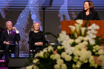 l r former us president bill clinton and former first lady and secretary of state hillary clinton look on as us vice president and 2024 democratic presidential candidate kamala harris delivers the eulogy for us representative sheila jackson lee at fallbrook church in houston, texas, on august 1, 2024 jackson lee, a democrat and outspoken advocate for racial justice and minorities rights, died july 19, 2024, at the age of 74 photo by mark felix afp photo by mark felixafp via getty images