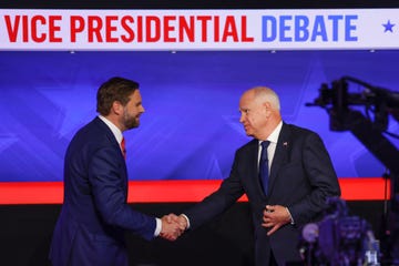 new york october 1 cbs news hosts a vice presidential debate between sen jd vance and gov tim walz moderated by norah odonnell and margaret brennan on tuesday, oct 1, 2024, at the cbs broadcast center in new york city pictured l r sen jd vance and gov tim walz photo by michele crowecbs via getty images